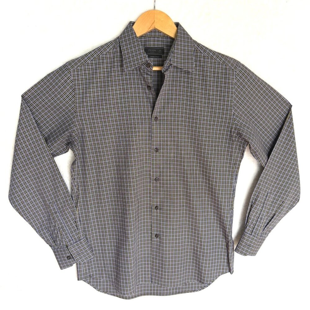 SIZE 40 ,15 3/4 Prada Mens Plaid L/S Button-Up Shirt Cotton Blend, blue olive It
